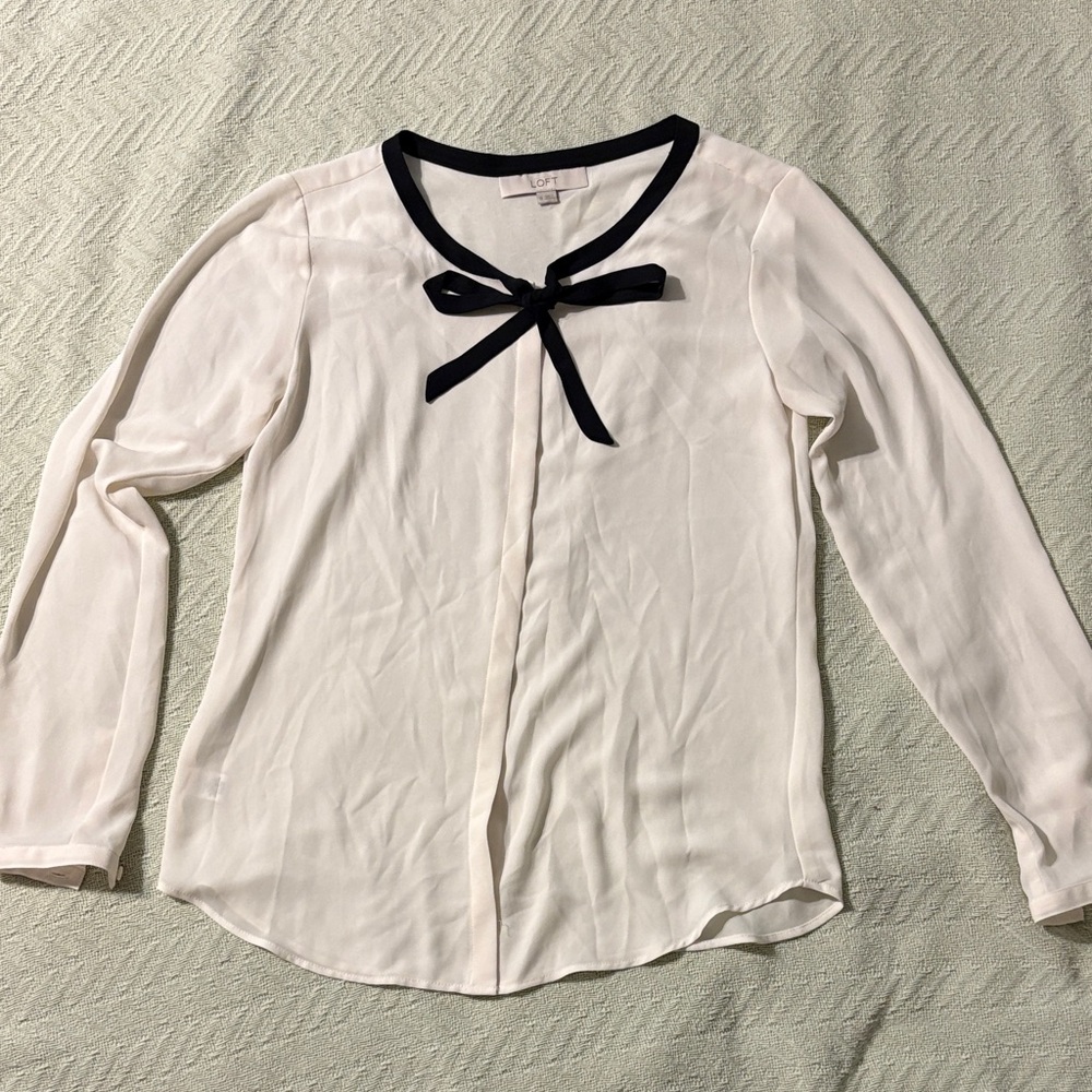 LOFT XS Cream Blouse with Black Ribbon Accent